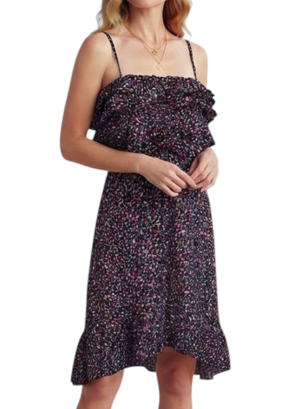 NWT STUDIO SPA Resortwear Western Y2K Confetti Print Tiered Ruffle Dress Black L